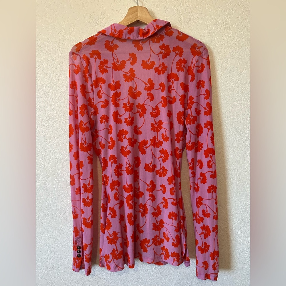 FREE PEOPLE Lucky Shirtee Mesh Sheer Top Button Front Bubblegum - Size Large - Picture 3 of 8